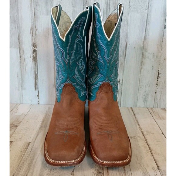 Vtg. Nocona Womens Size 8.5B Cowboy Boots Square Toe Teal/Brown Leather Western - Picture 3 of 16
